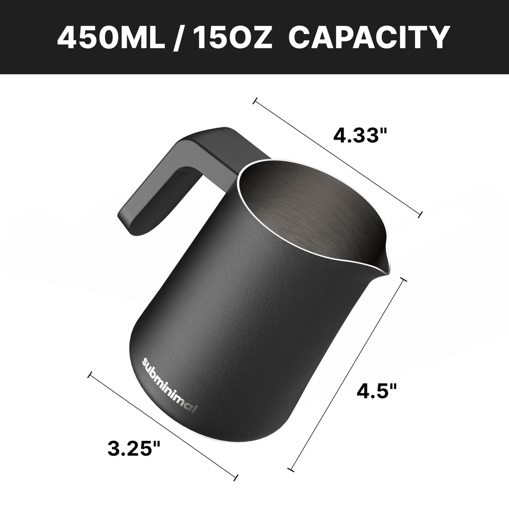Subminimal FlowTip Milk Jug - Stovetop Milk Frothing, Foaming Pitcher for Barista-Style Coffee - Cappuccino & Latte Art Pouring Jug with Heat Resistant Handle - 450ml, Black