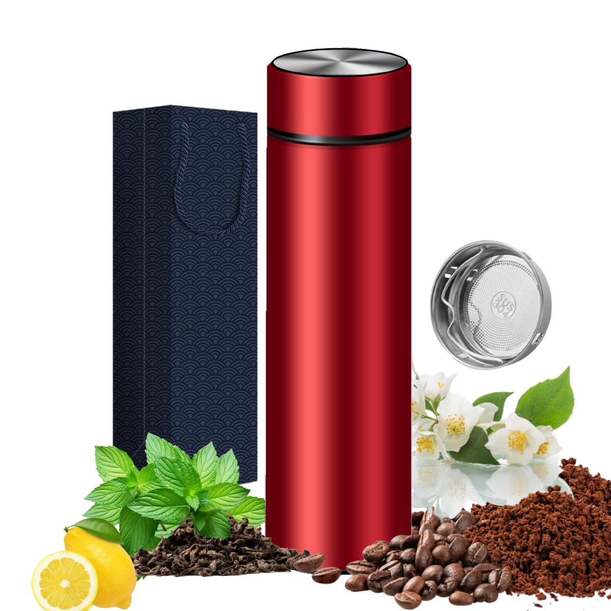 Insulated Water Bottles- Vacuum Tumbler for Coffee, Tea and Drinks with Stainless Steel Infuser - 15 oz Tea Thermo Travel Bottle/Keeps Drinks Hot or Cold for Hours/Gift Packing (Red)