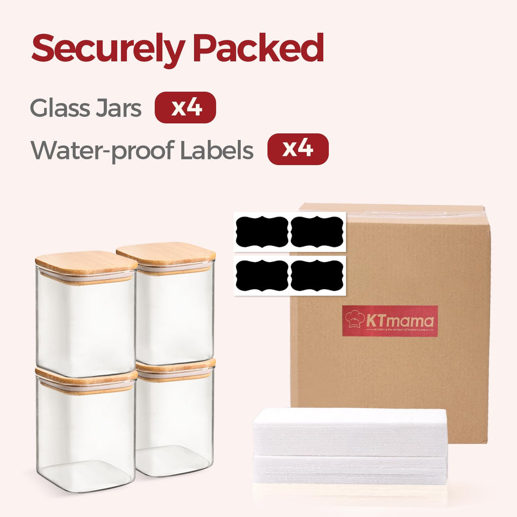 KTMAMA Glass Pantry Storage Containers with Bamboo Lids 1Qt 4 Pack Square
