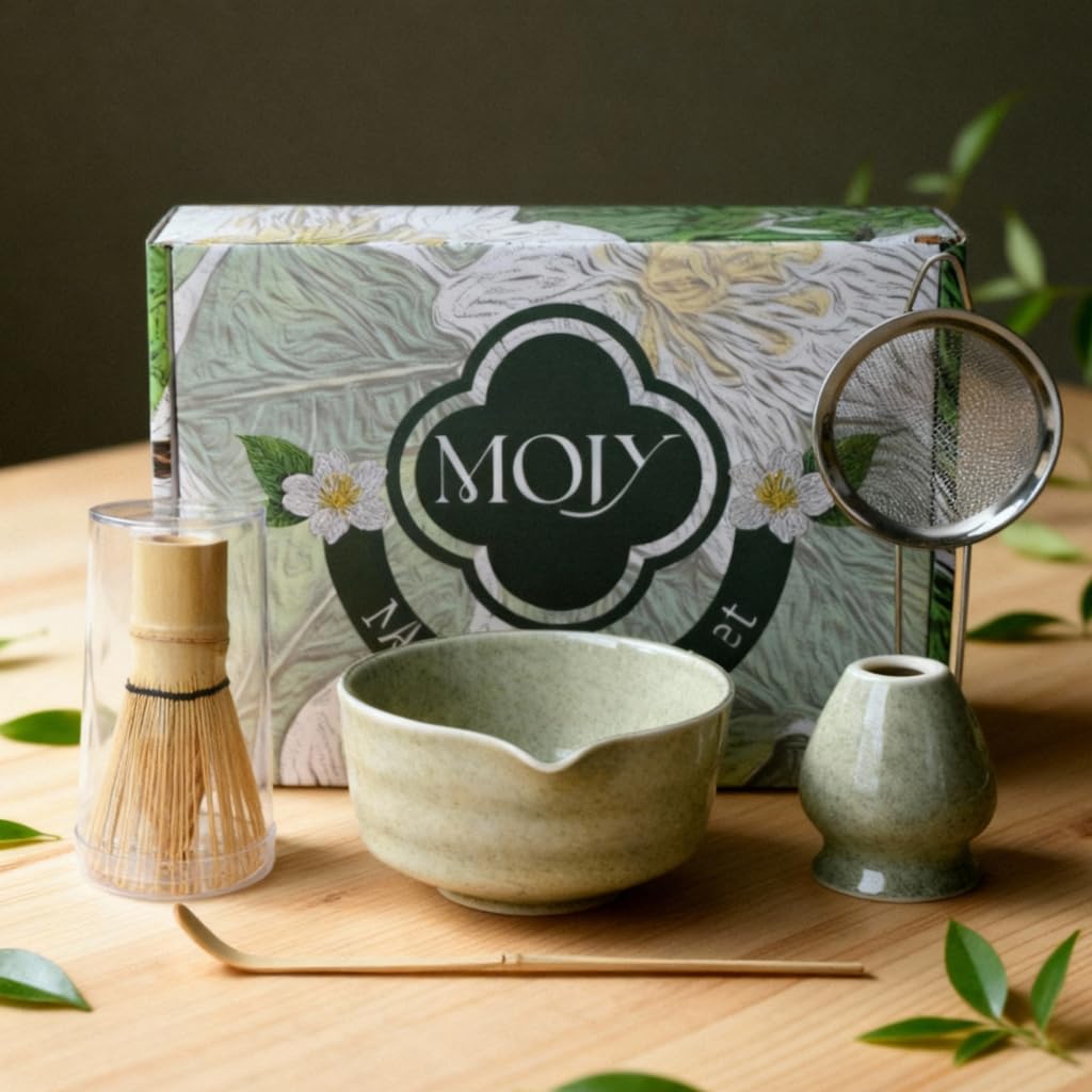 MOIY Matcha Whisk Set, Matcha Set, Handcrafted Bamboo Chasen & Ceramic Bowl Matcha Kit, 5 Pcs Matcha Set Whisk and Bowl with Stainless Steel Sifter, Tea Ceremony, Jade