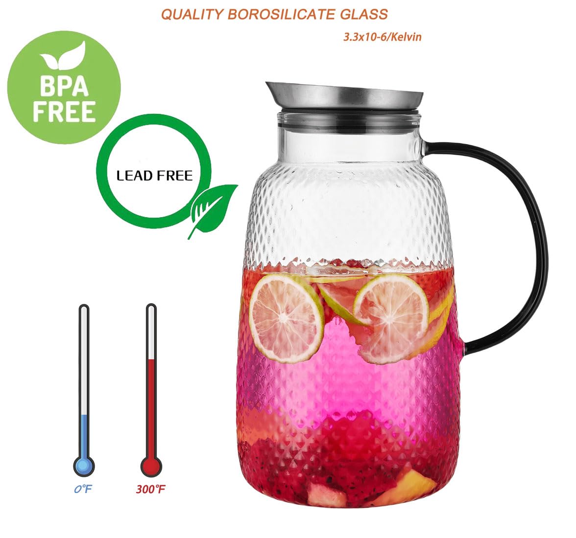 Purefold Pitcher with Lid, Glass Jug with Stainless Steel Lid for Hot and Cold Water, Fruit Tea, Coffee Maker, Ice Tea, Juice, Pineapple Series (Clear, 80 oz)