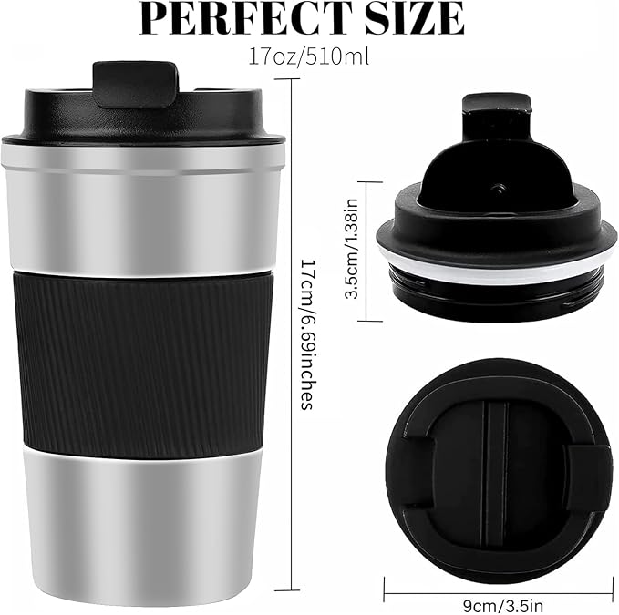 YINBAOGE Insulated Travel Coffee Mug Spill Proof Leak Proof Pobtable To Go Camping Stainless Steel Coffee Tumbler Reusable Coffee Cups with Lids Thermos for Hot and Cold Drink (Silver black, 17 OZ)