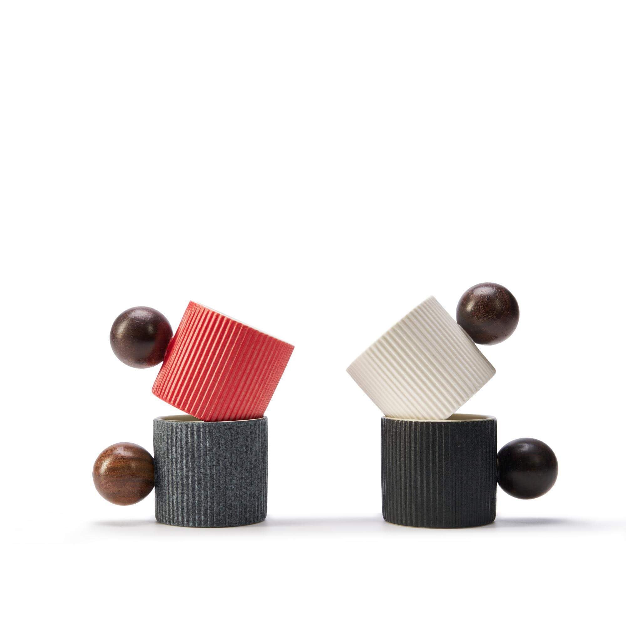 CLASGLAZ Ceramic Mini Espresso Cups Demitasse Cups with Round Wooden Handle Vertical Stripes Tea Cups (black, 4pcs)