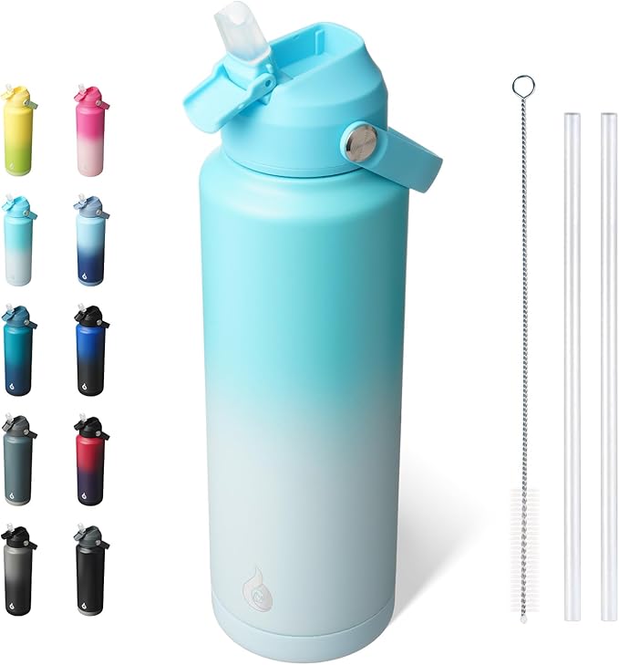 BJPKPK Insulated Water Bottle with Straw Lid, 40oz Large Thermos, BPA Free Leak Proof Stainless Steel Metal Water Bottles, Tumblers, Cups, Flasks for Travel, Sports,Sea Salt