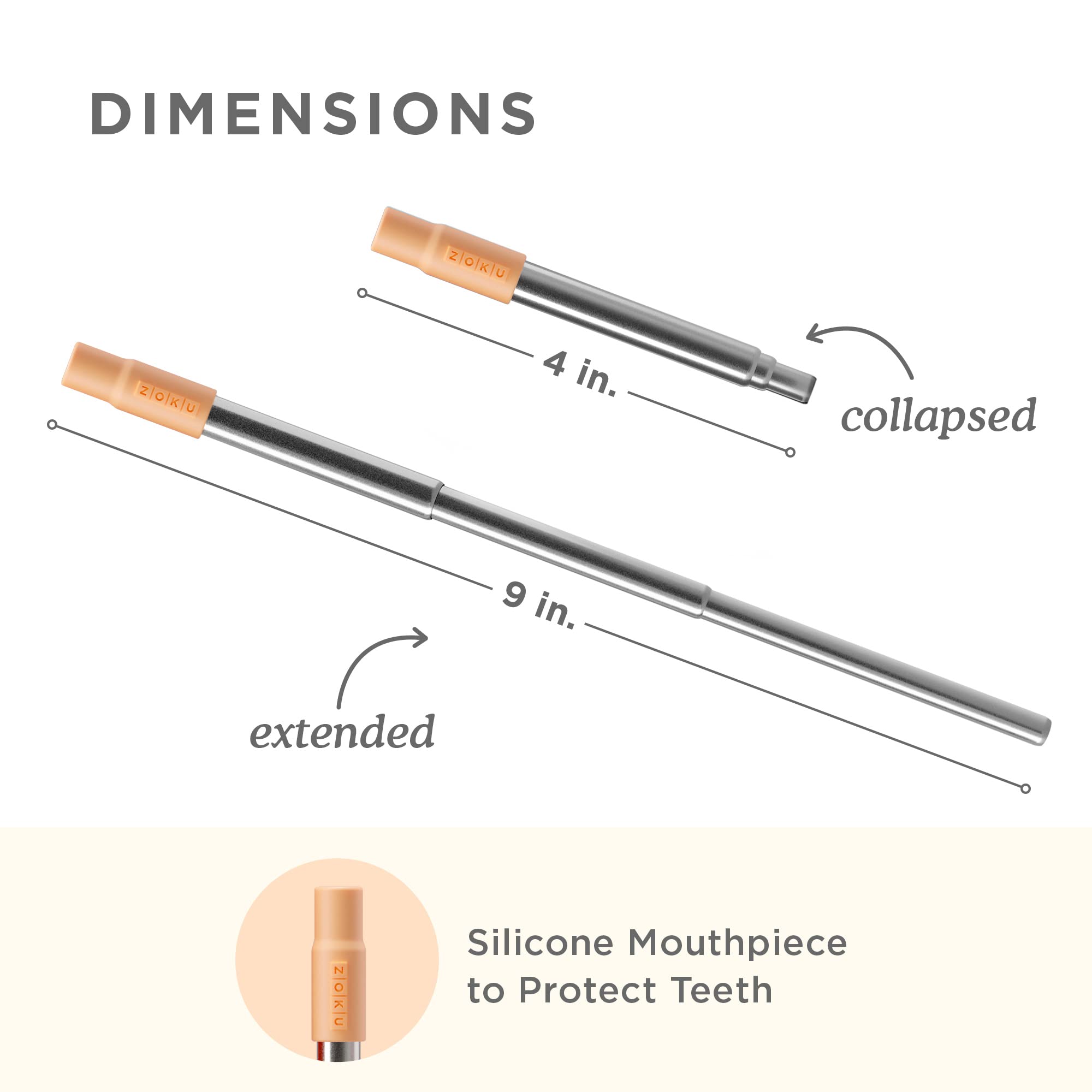 Zoku Reusable Metal Straw with Case, Collapsible Travel Straw - Orange