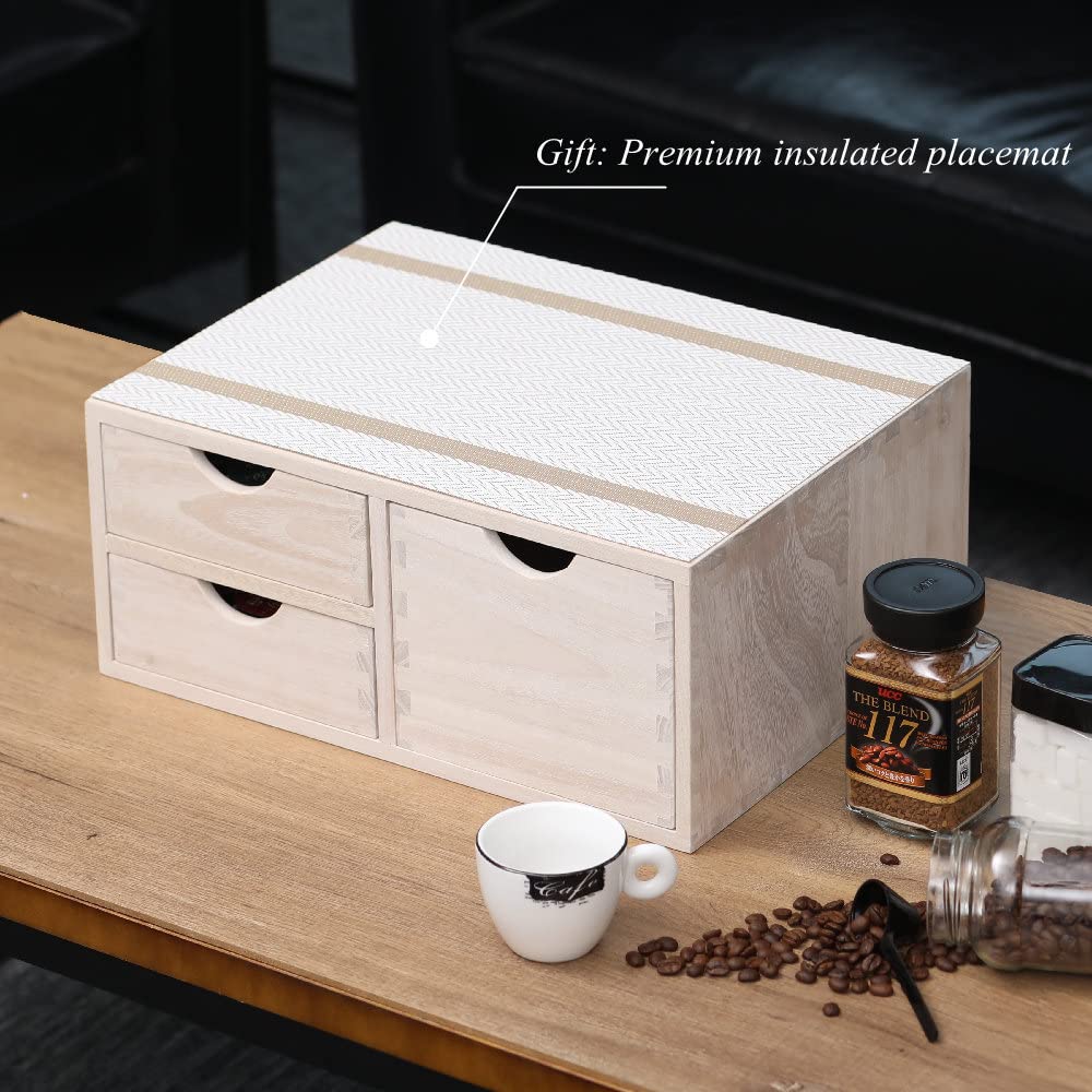 DDYURI Kitchen Storage Organizer with 3 Drawers for Coffee Brew K Cup/Coffee Pod Holder - Office Organization Drawer for Desk, Multi-Purpose Mini Wood Cabinet Countertop Stand Shelf CF2D3C White