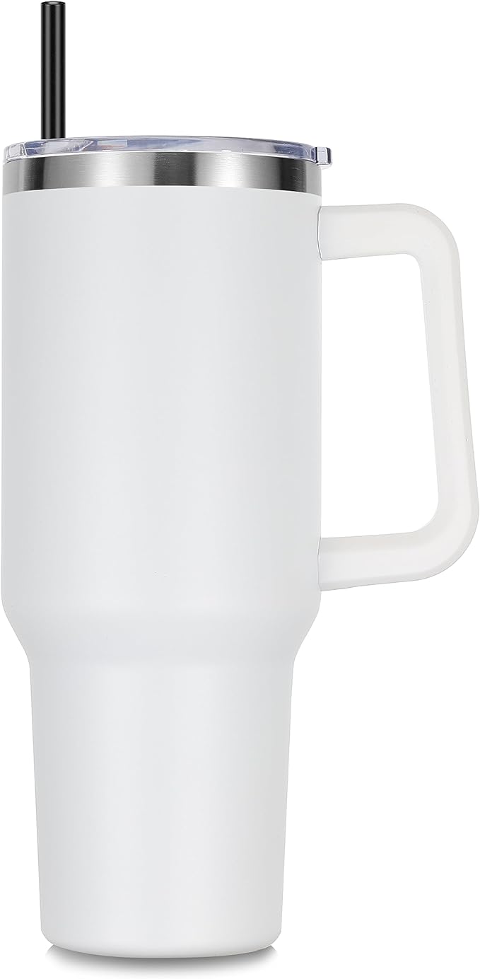 DOMICARE 40 oz Tumbler with Handle and Straw, Stainless Steel Tumbler with Lid and Straw, Reusable Vacuum Insulated Cup, Travel Coffee Mug, White, 1Pack