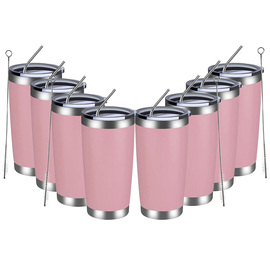 MEWAY 20oz Tumbler 8 Pack Double Wall Vacuum Insulated Travel Mug Bulk, Stainless Steel Tumblers with Lid and Straw, Durable Powder Coated Coffee Cups for Cold & Hot Drinks (Pink, 8)
