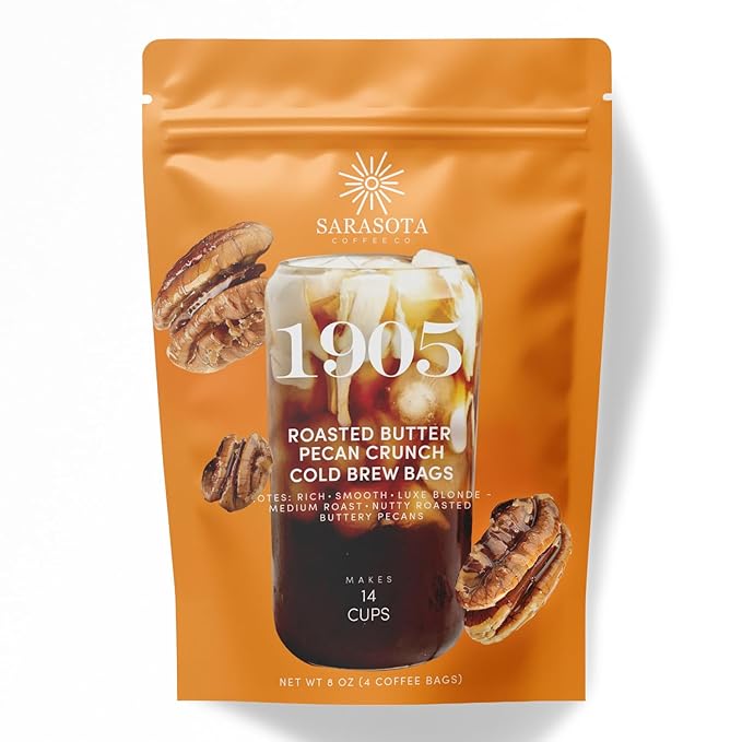 Sarasota Coffee 1905 Cold Brew Coffee Bags | Roasted Butter Pecan Crunch | Blonde-Medium Roast | Low Acid & Smooth | Ground Filter Packs | Cold Brew Kit Makes 14 Cups | Rich Nutty Notes