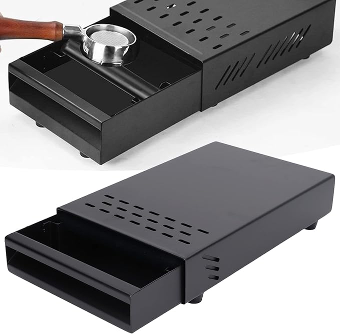 Coffee Knock Box, Stainless Steel Drawer Type Coffee Grind Container Coffee Knock Box Espresso Knocker Drawer Non Slip with Rubber Knock Stick for Cafes Home Kitchens Office (Black)