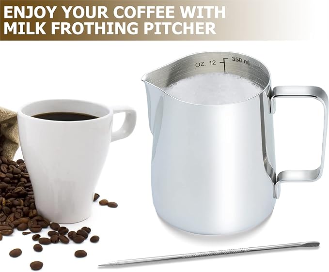 CAMKYDE Milk Frothing Pitcher 20 oz, Stainless Steel Espresso Steaming Pitcher with Decorating Pen for Coffee, Espresso Machines, Cappuccino, Latte Art A Silver