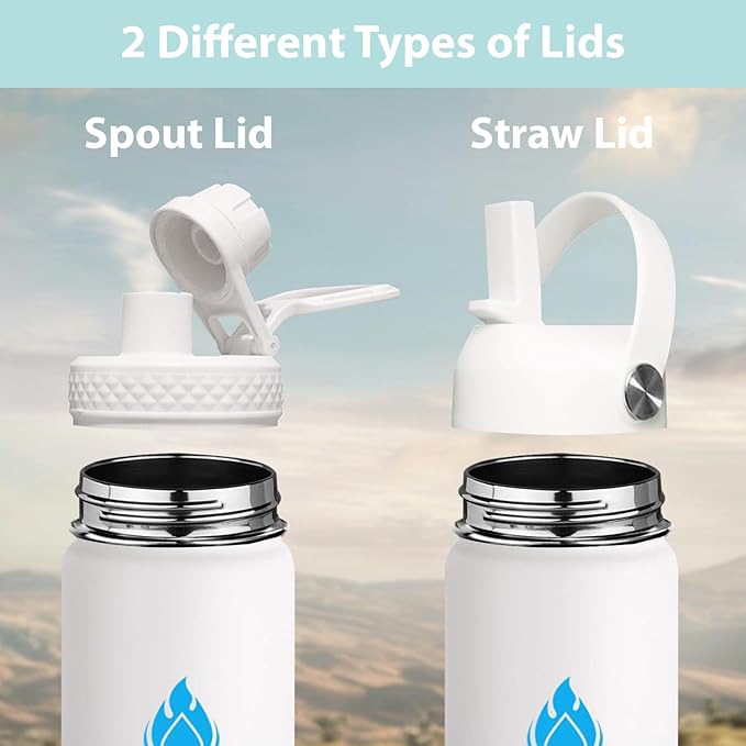 SENDESTAR Water Bottle 32oz Double Wall Vacuum Insulated Leak Proof Stainless Steel Sports Water Bottle—Wide Mouth with New Flex Straw Lid & Spout Lid (White&Tiffany)