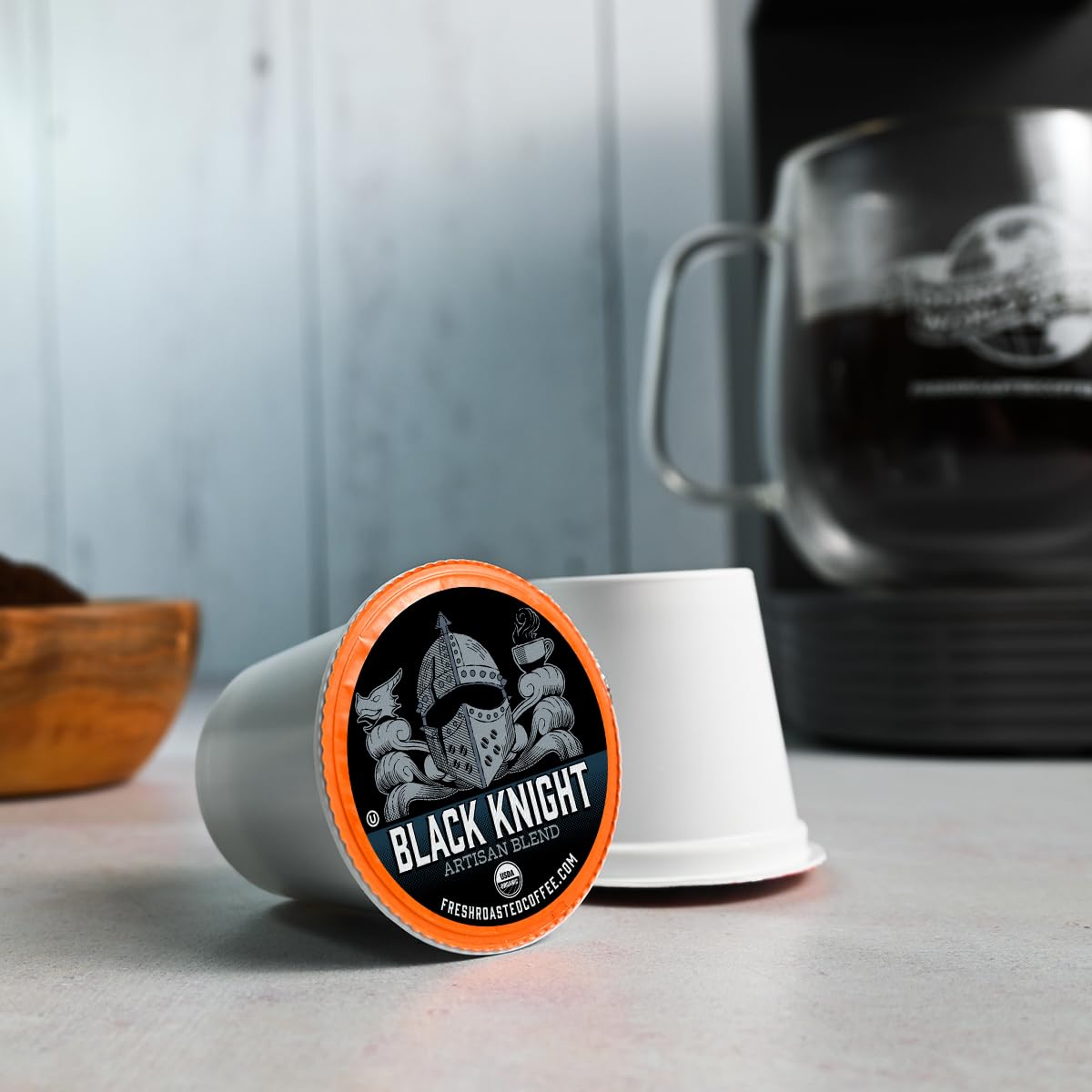 Fresh Roasted Coffee, Organic Black Knight K-Cup Pods for Keurig Brewers, Dark Roast, USDA Organic, Kosher, 96 Count Loose Pack