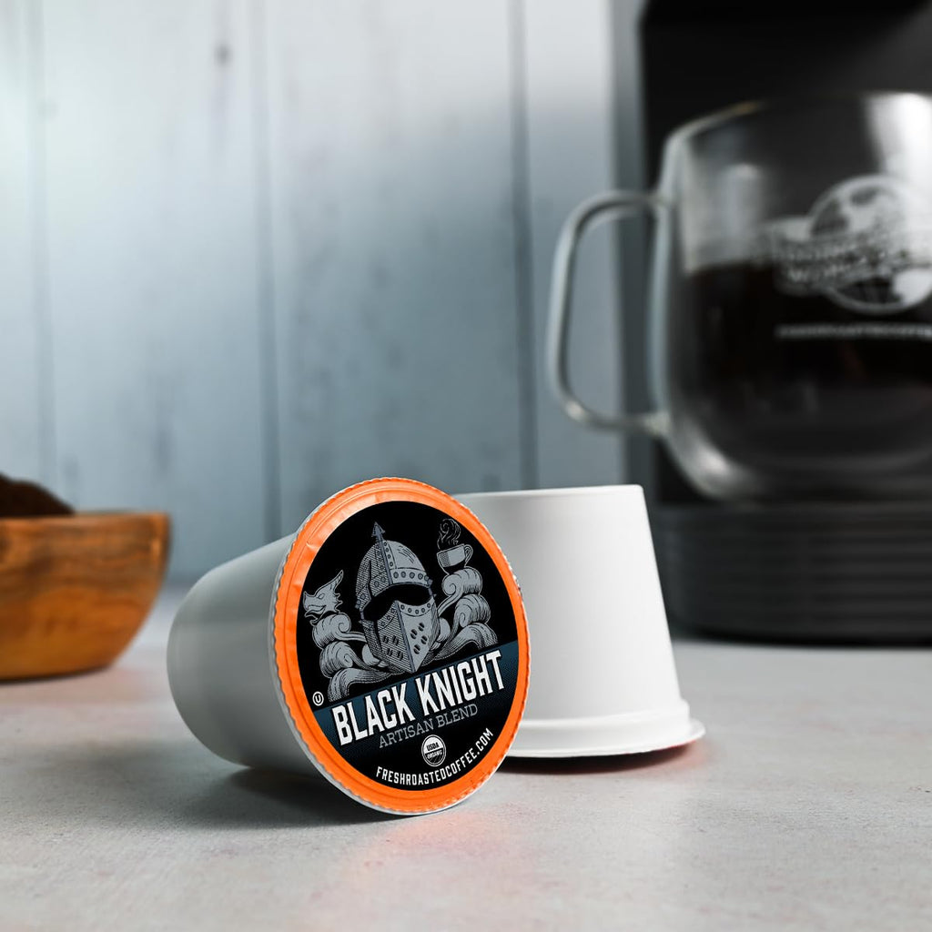 Fresh Roasted Coffee, Organic Black Knight K-Cup Pods for Keurig Brewers, Dark Roast, USDA Organic, Kosher, 24 Count (Pack of 1)