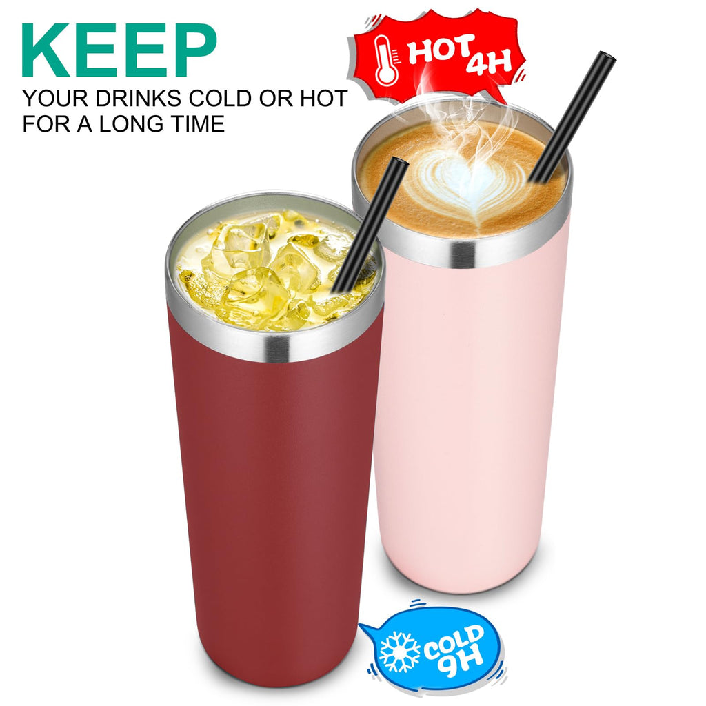 VEGOND 20 oz Stainless Steel Skinny Tumbler with Lids and Straws, 20oz Vacuum Insulated Slim Tumbler Cup, Double Wall Travel Tumblers Bulk for Cold Hot Drinks, Wine Red 12 Pack