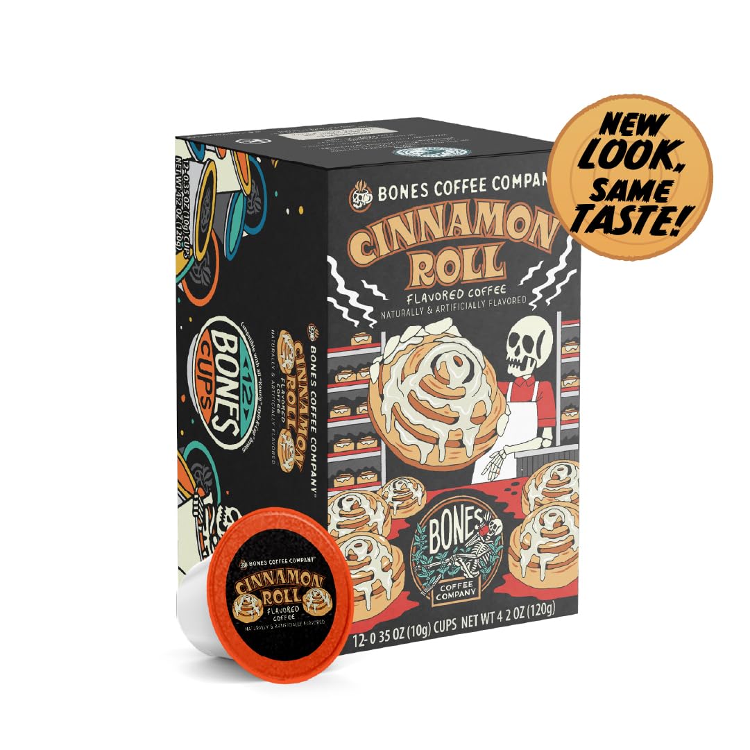 Bones Coffee Company Cinnamon Roll Flavored Coffee Pods, Low Acid Medium Roast Single-Serve Bones Cups, Compatible with 1.0 & 2.0 K-Cups Brewers Coffee Maker, 12 Count