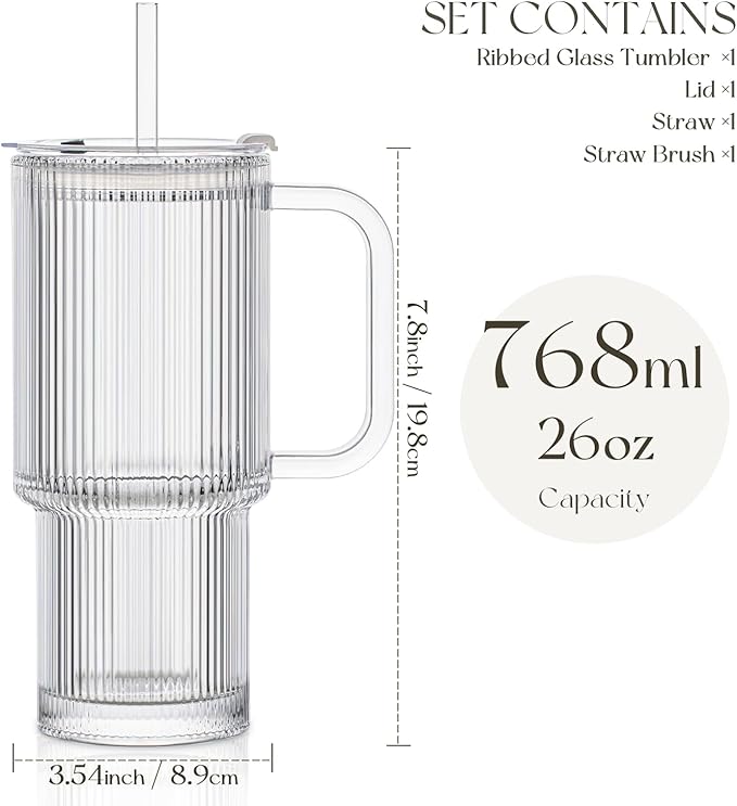 Large 26oz Clear Glass Mug with Handle and Sliding Lid – Aesthetic Ribbed Tumbler for Iced Coffee, Tea, Smoothies & Hot Drinks – Reusable Travel Cup with Straw, Dishwasher Safe (Ribbed Tumbler)