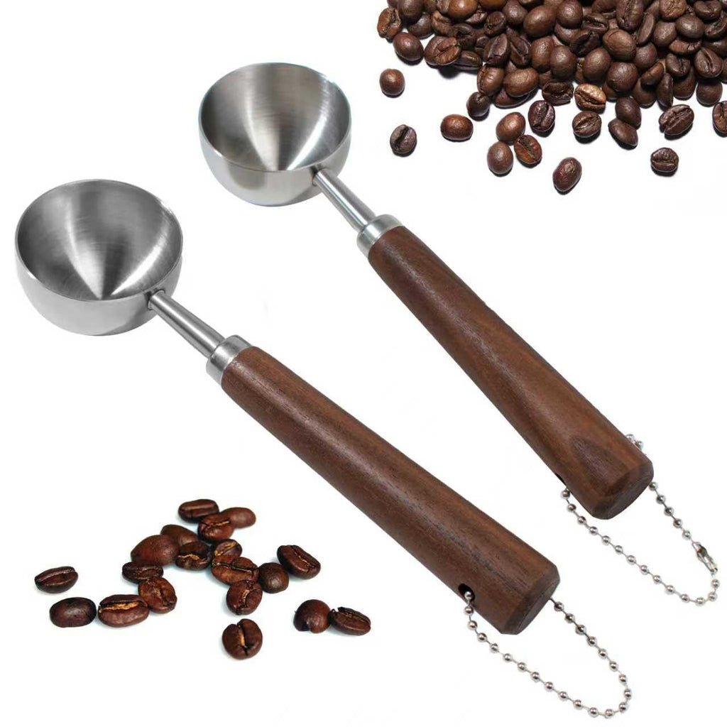 2PCS Vintage Coffee Measuring Spoon， 30ml/10g Capacity coffee scoop for ground coffee、Coffee Beans And Tea，304 Stainless Steel coffee spoons with long Wooden Handle（Silver)