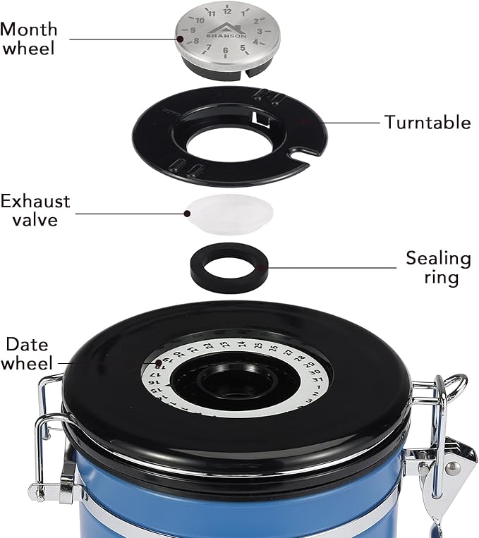ShanSon Coffee Canister Airtight Coffee Container Stainless Steel Coffee Bean Storage Container with CO2 Release Valve and Scoop Coffee Canister for Beans,Grounds,Sugar,Flour,Tea,Cereal,16OZ,Blue