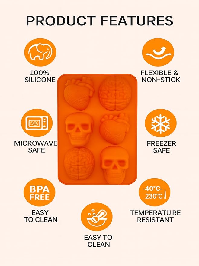 Halloween Silicone Molds & Gothic Chocolate Molds - 3D Skull, Heart, and Brain Halloween Baking Mold for DIY Cake, Chocolate, Jello, Ice Cube, Soap, Resin, and Candle Halloween Decorations