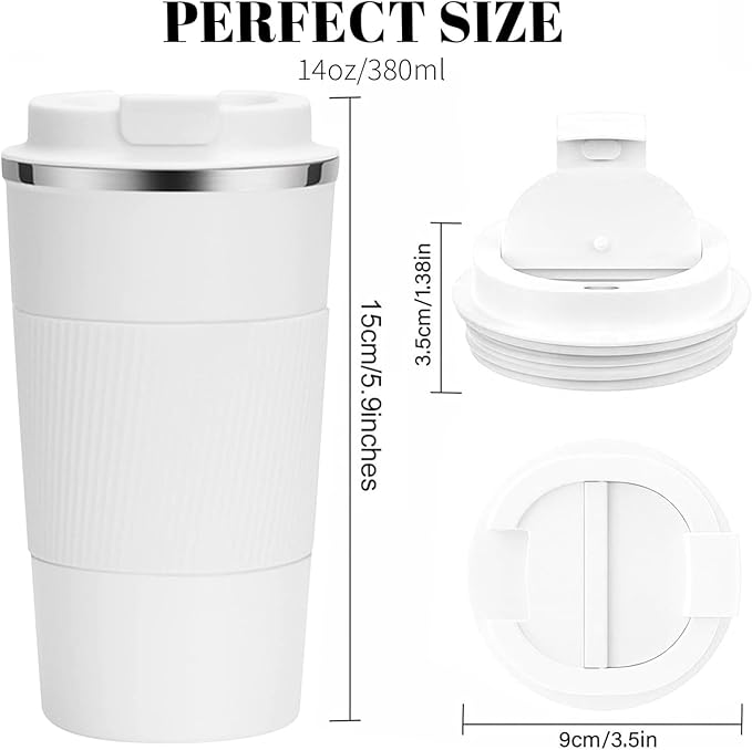 YINBAOGE Insulated Travel Coffee Mug Spill Proof Leak Proof Pobtable To Go Camping Stainless Steel Coffee Tumbler Reusable Coffee Cups with Lids Thermos for Hot and Cold Drink (White, 12 OZ)