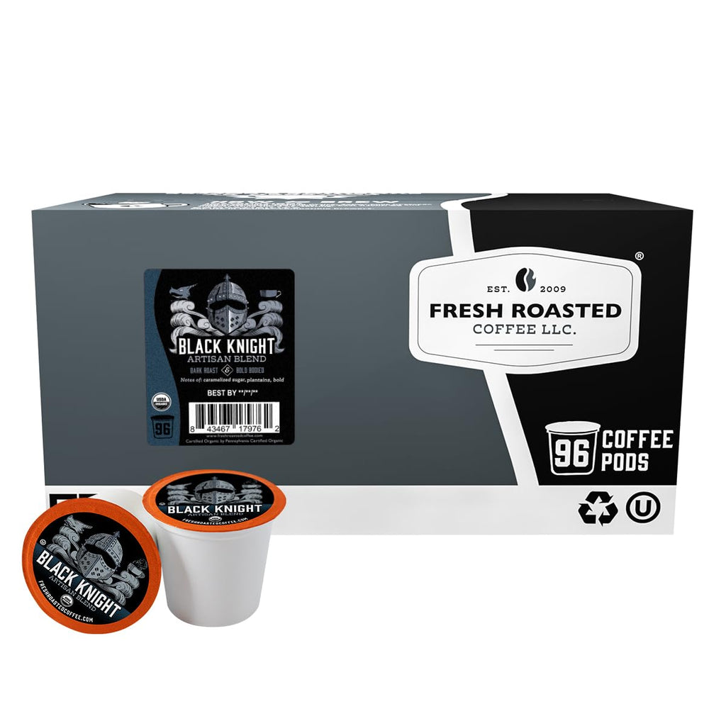 Fresh Roasted Coffee, Organic Black Knight K-Cup Pods for Keurig Brewers, Dark Roast, USDA Organic, Kosher, 96 Count Loose Pack