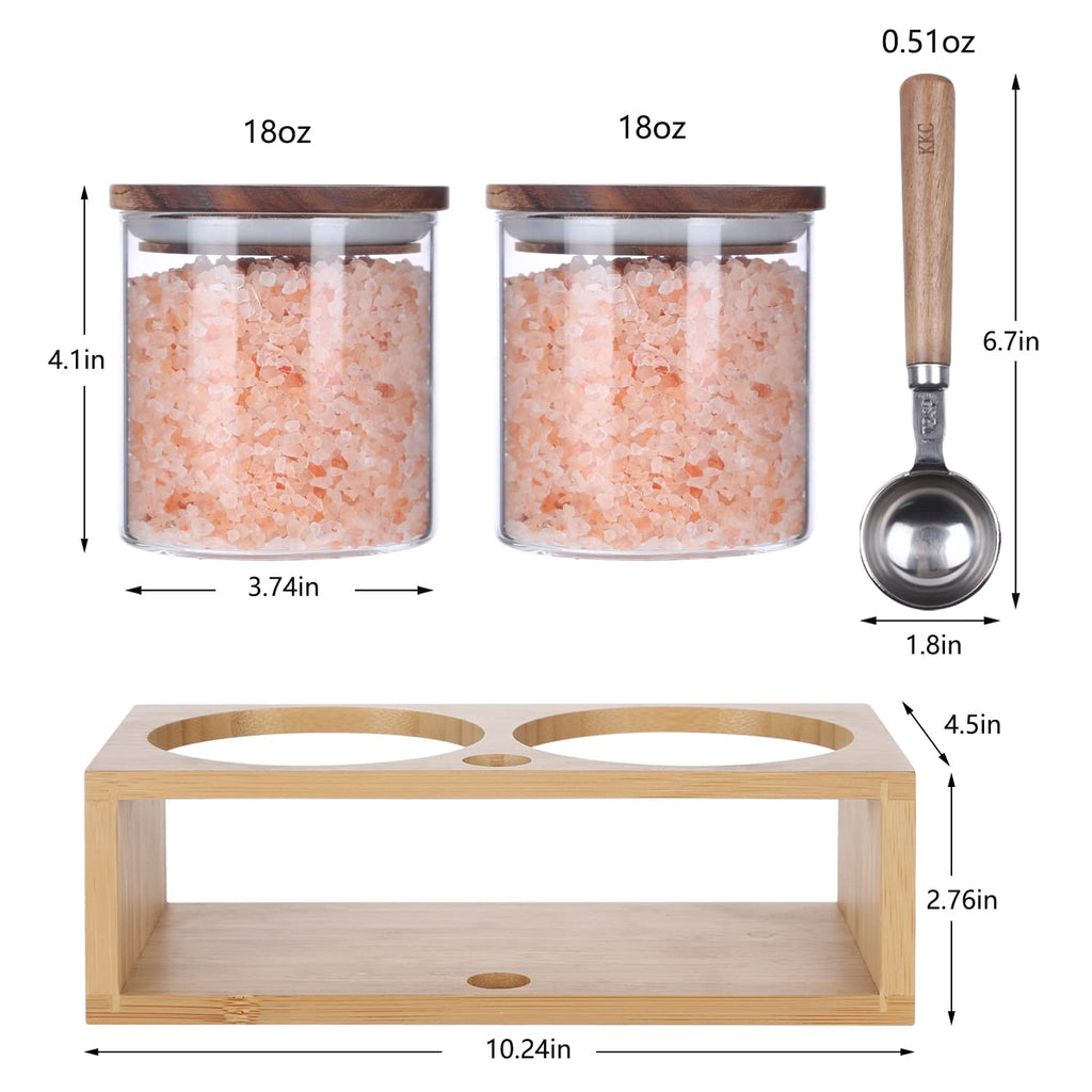 KKC Glass Coffee Containers with Wood Lids - 2 Pack 18oz (550ml) Airtight Espresso Canisters with Holder Stand and 1 TBSP Spoon - Small Coffee Bar Countertop Decor Accessories, Tea Storage Jar Set
