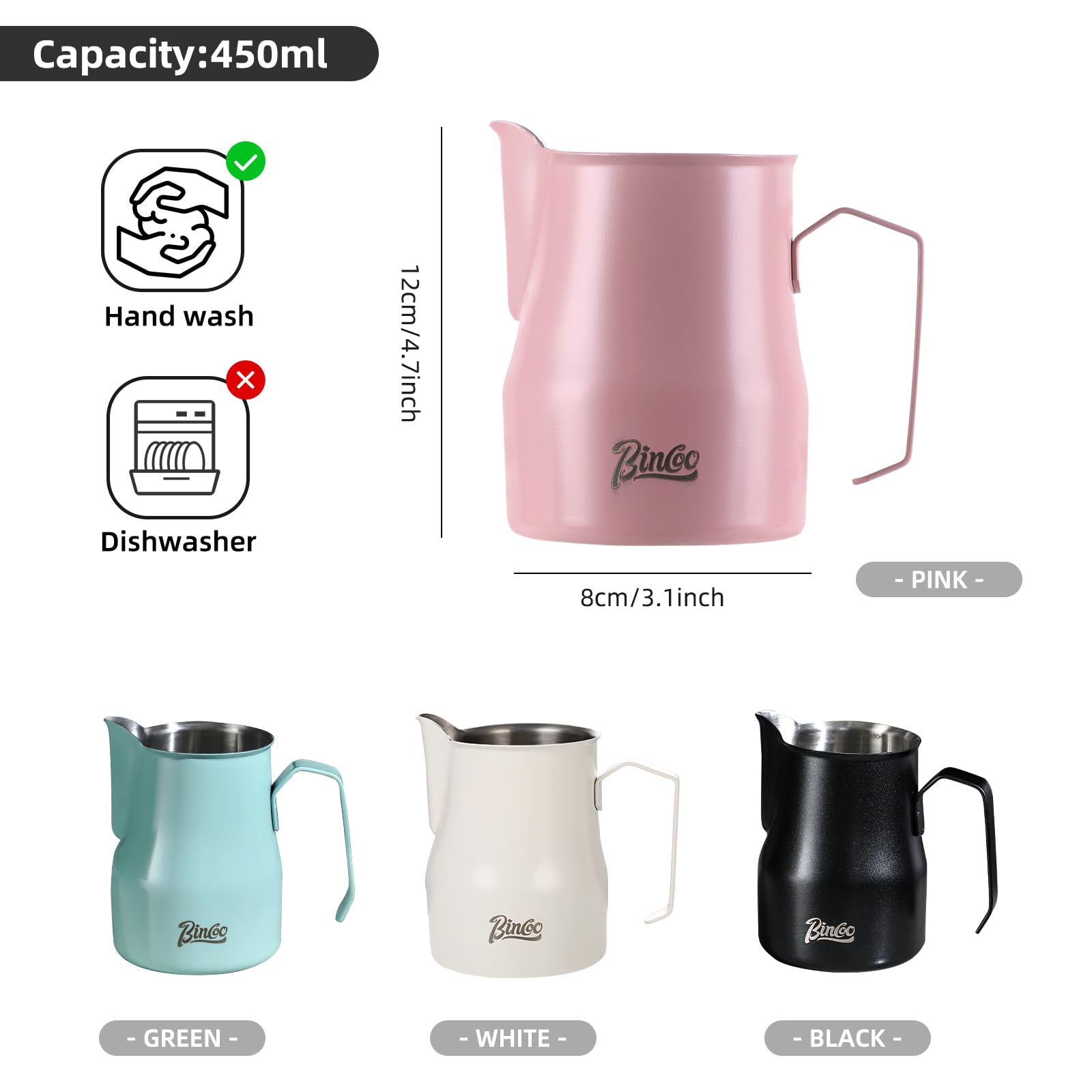 Milk Frothing Pitcher 450ML - Espresso Steaming Pitcher with Large Handle and Spout,Cappuccino Latte Art Cup for Barista and Home Cafe
