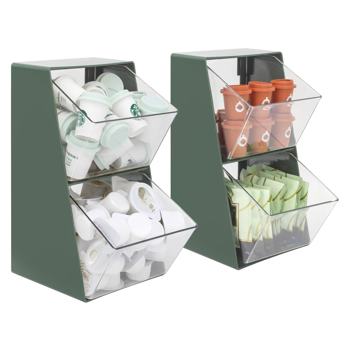 2 Pack Coffee Pod Holder K Cup Storage Organizer for Home Office Bar Countertop Organiser Storage Bins for Coffee Station Counter Container for Tea bag Sugar Creamer Filter Green