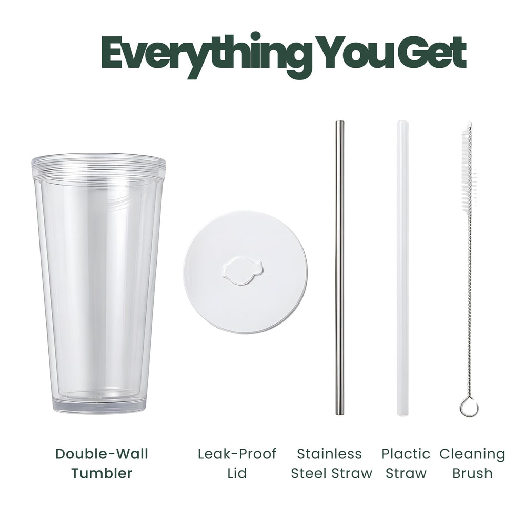 Reusable Iced Coffee Cup with Lid and Straw, 24 oz/Venti, BPA-Free Double-Wall Insulated Plastic Tumbler for Cold Drinks, Includes Clear Plastic Straw, Stainless Steel Straw and Cleaning Brush, White
