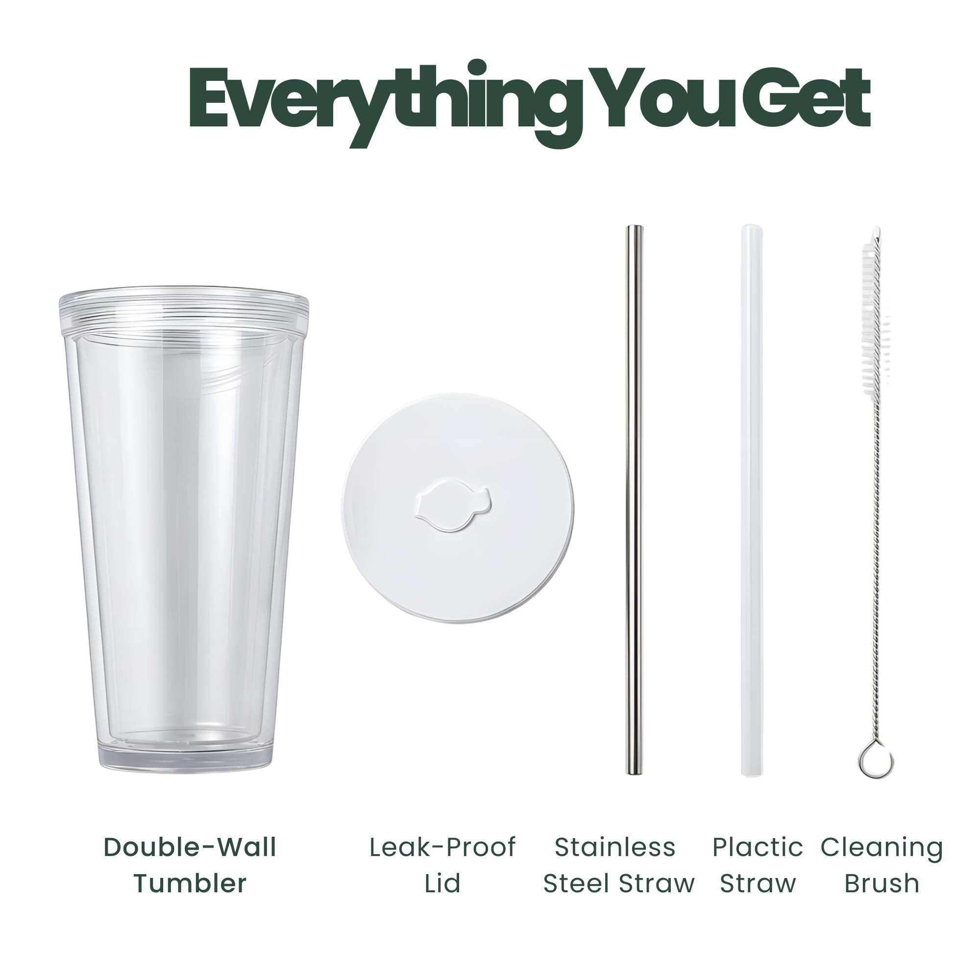Reusable Iced Coffee Cup with Lid and Straw, 24 oz/Venti, BPA-Free Double-Wall Insulated Plastic Tumbler for Cold Drinks, Includes Clear Plastic Straw, Stainless Steel Straw and Cleaning Brush, White