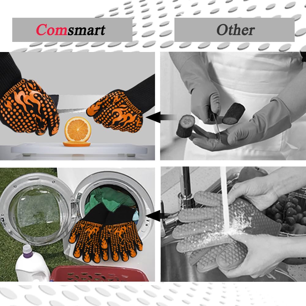 Comsmart BBQ Gloves, 1472°F Heat Resistant Grilling Gloves Silicone Non-Slip Oven Gloves Long Kitchen Gloves for Barbecue, Cooking, Baking, Short, Orange