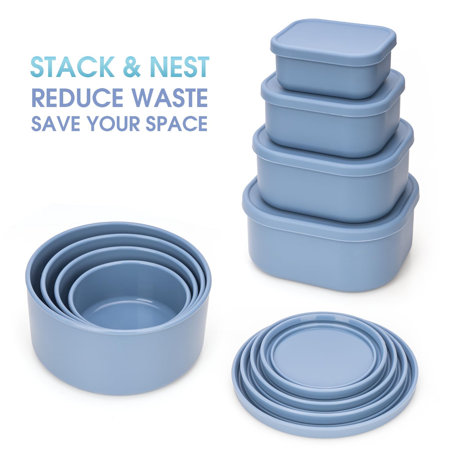 100% Silicone Food Storage Containers with Lids, 8 Pack, 10oz to 51oz, Reusable Leakproof Nesting & Stackable Silicone Bento Lunch Box, Microwave Freezer Dishwasher Oven Safe, BPA Free, Slate Blue