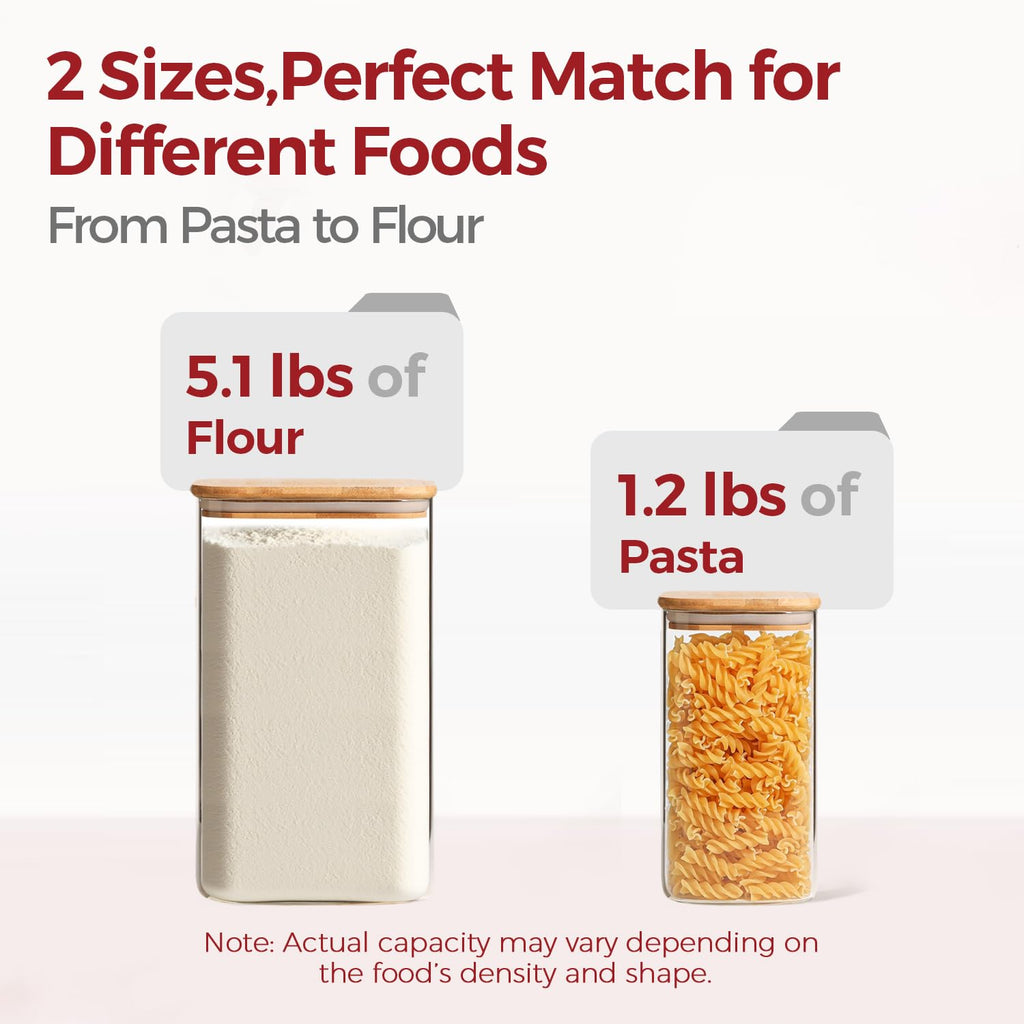 KTMAMA Glass Flour Containers with Bamboo Lids 1.6/4.6 Qt 2 Pack