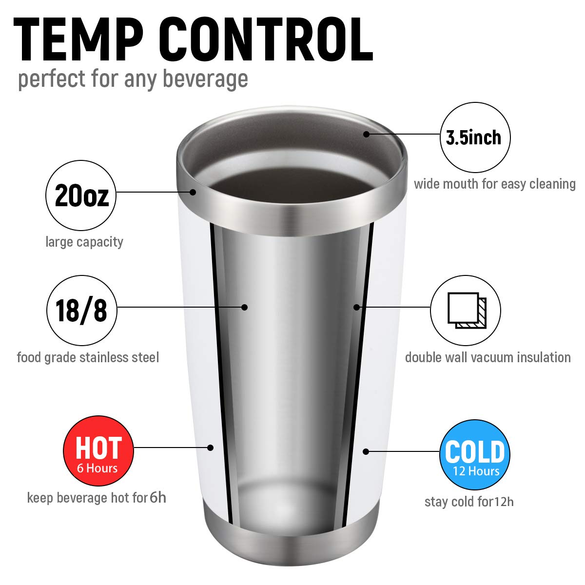 COMOOO 20oz White Tumbler Double Wall Vacuum Insulated Travel Mug Stainless Steel Coffee Mug with Lid and Straw Durable Powder Coated Insulated Coffee Cup for Cold & Hot Drinks (White,12 pack