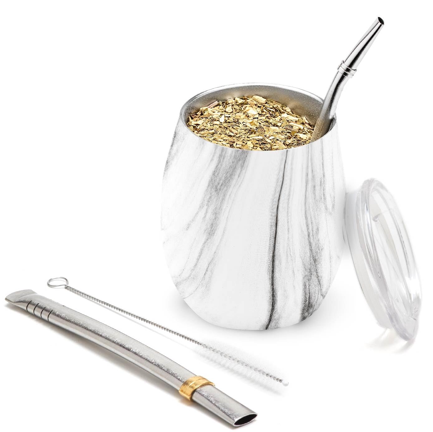 BALIBETOV 5-Piece Large Yerba Mate Cup and Bombilla Kit – Yerba Mate Gourd with Lid, 2 Bombilla Mate Straws, Cleaning Brush, Double-Wall Stainless Steel Mate Cup Set
