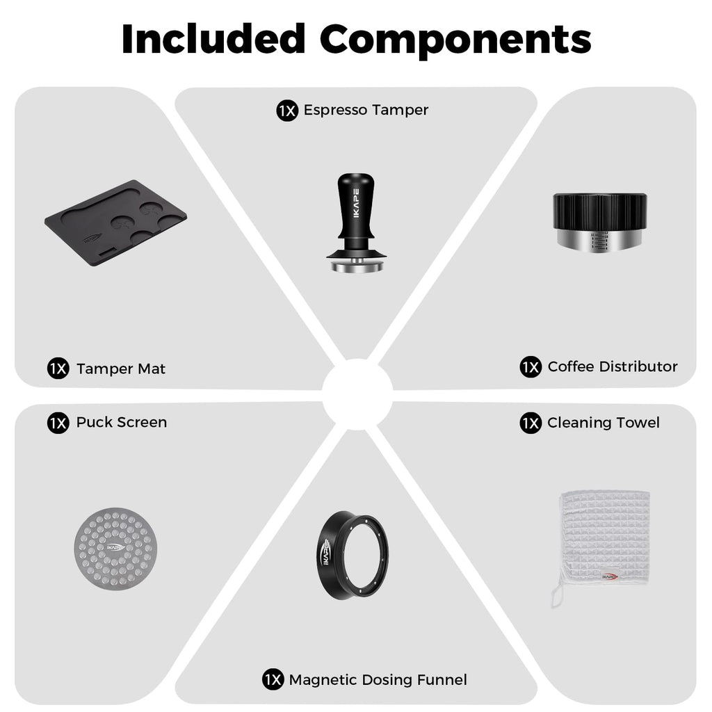 IKAPE 53MM Coffee Tamper Set Black 6 IN 1, Espresso Tamper, Distributor, Magnetic Dosing Funnel, Silicone Mat, Puck Screen, Cleaning Towel