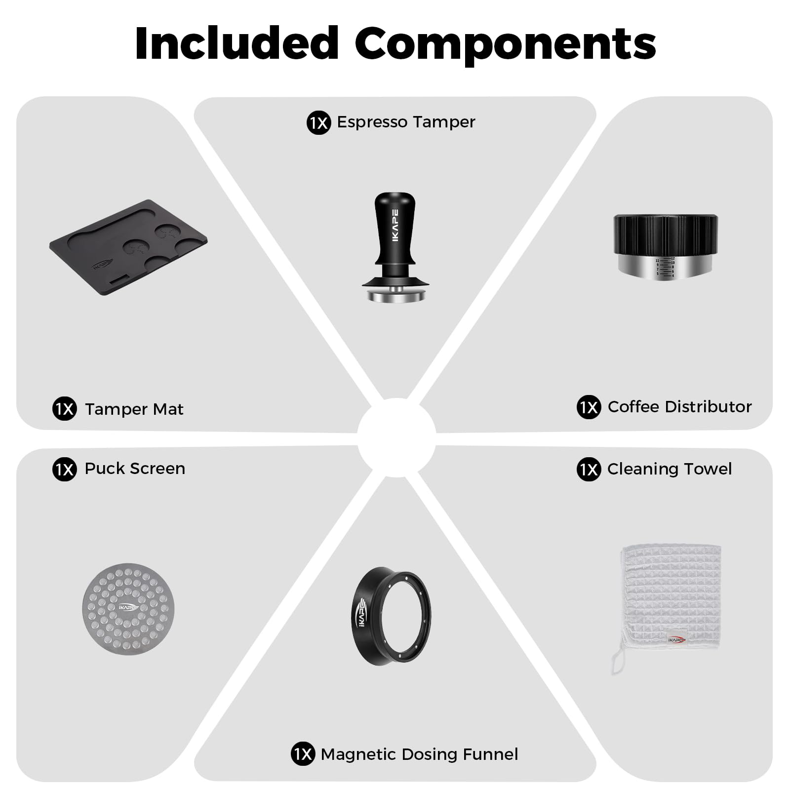 IKAPE 53MM Coffee Tamper Set Black 6 IN 1, Espresso Tamper, Distributor, Magnetic Dosing Funnel, Silicone Mat, Puck Screen, Cleaning Towel