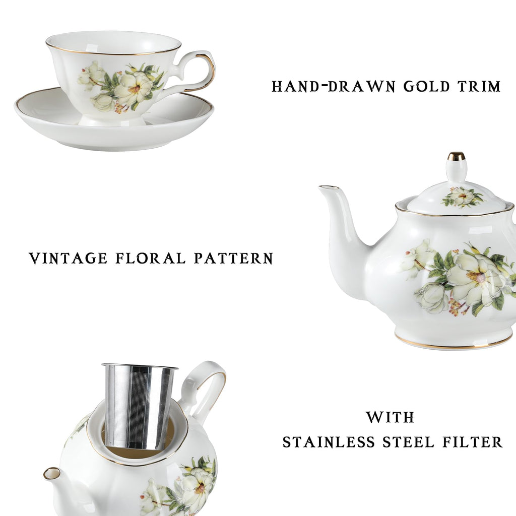 Sweejar Ceramic Teapot with Infuser, Floral Relief Gold Rimmed Teapot, 29 OZ Porcelain Tea Pot for Blooming and Loose Tea, Coffee...(Camellia)