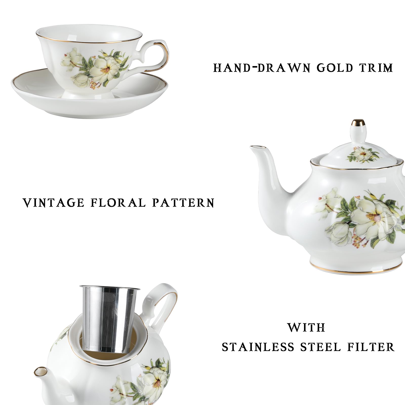 Sweejar Ceramic Teapot with Infuser, Floral Relief Gold Rimmed Teapot, 29 OZ Porcelain Tea Pot for Blooming and Loose Tea, Coffee...(Camellia)