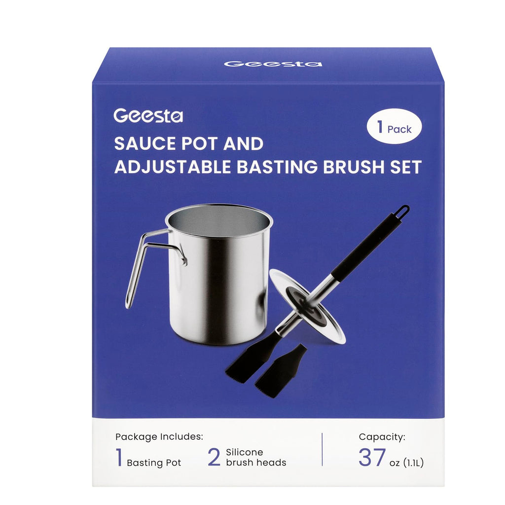 Geesta Adjustable Sauce Pot and Basting Brush Set, Long Stainless Steel Basting Brush for Cooking, Smoking, Fathers Day Grilling Gifts for Men Smoker Accessories, Large Capacity Grilling Tools, 1 Pack
