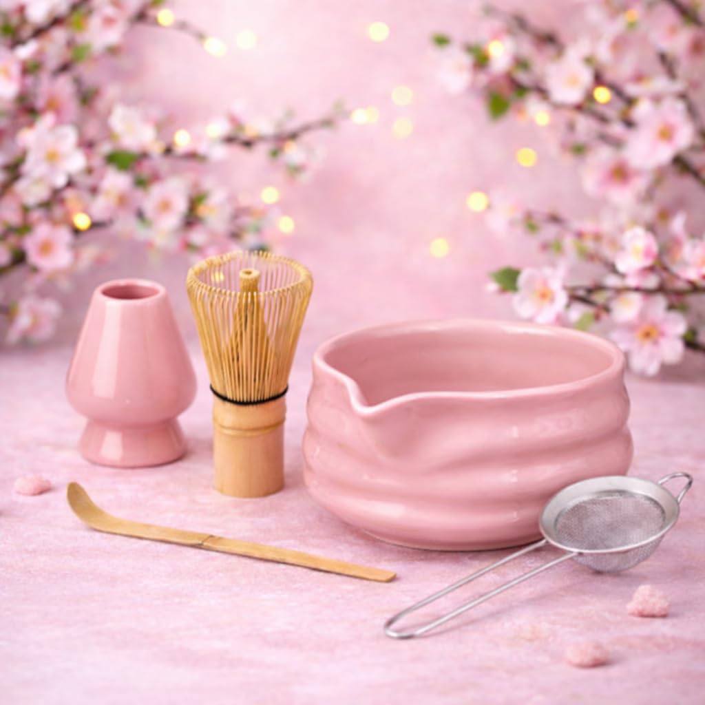 Marce Matcha Whisk Set- Matcha Set includes Matcha Whisk and Bowl with Spout, Sifter, Holder and Scoop- The Perfect Bamboo Whisk for Matcha Tea (Pink)
