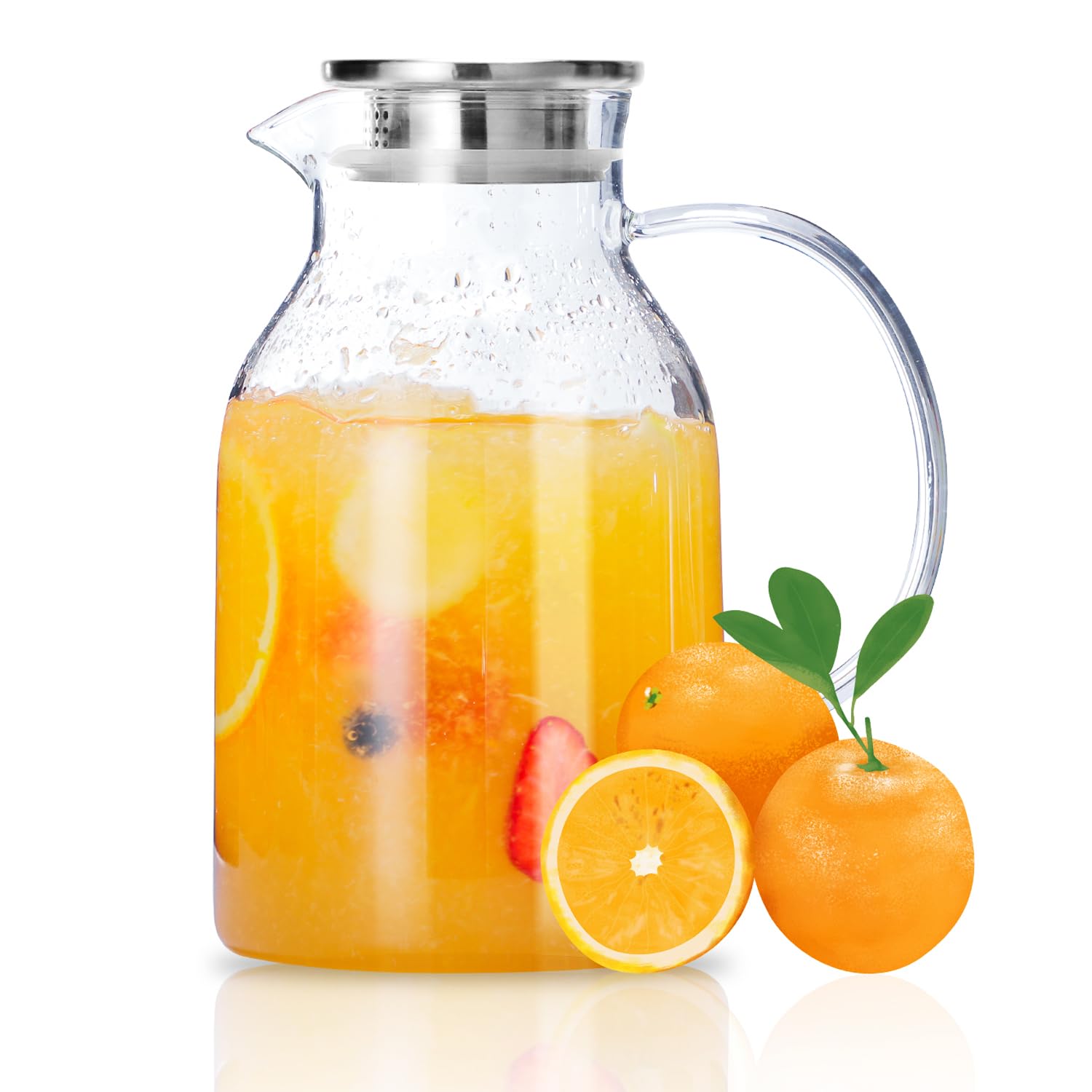 Glass Water Pitcher with Lid and Spout, 68oz/2L Borosilicate Glass