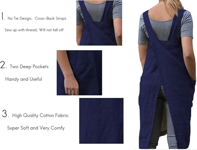 Women's Pinafore Square Apron Baking Cooking Gardening Works Cross Back Cotton/Linen Blend Dress with 2 Pockets