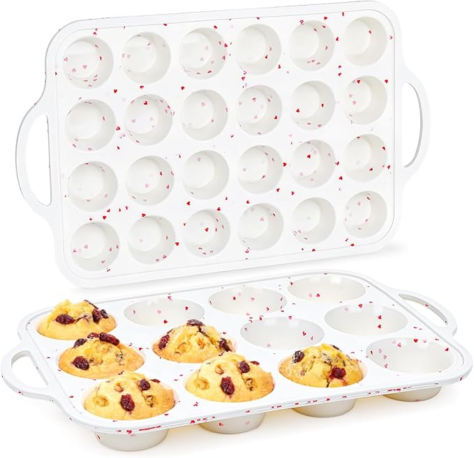 CAKETIME Silicone Muffin Pans for Baking, Metal Reinforced Frame Regular 24 Cups & Mini 12 Cups Cupcake Pan Nonstick Muffin Pan for Homemade Baking Easy to Handle