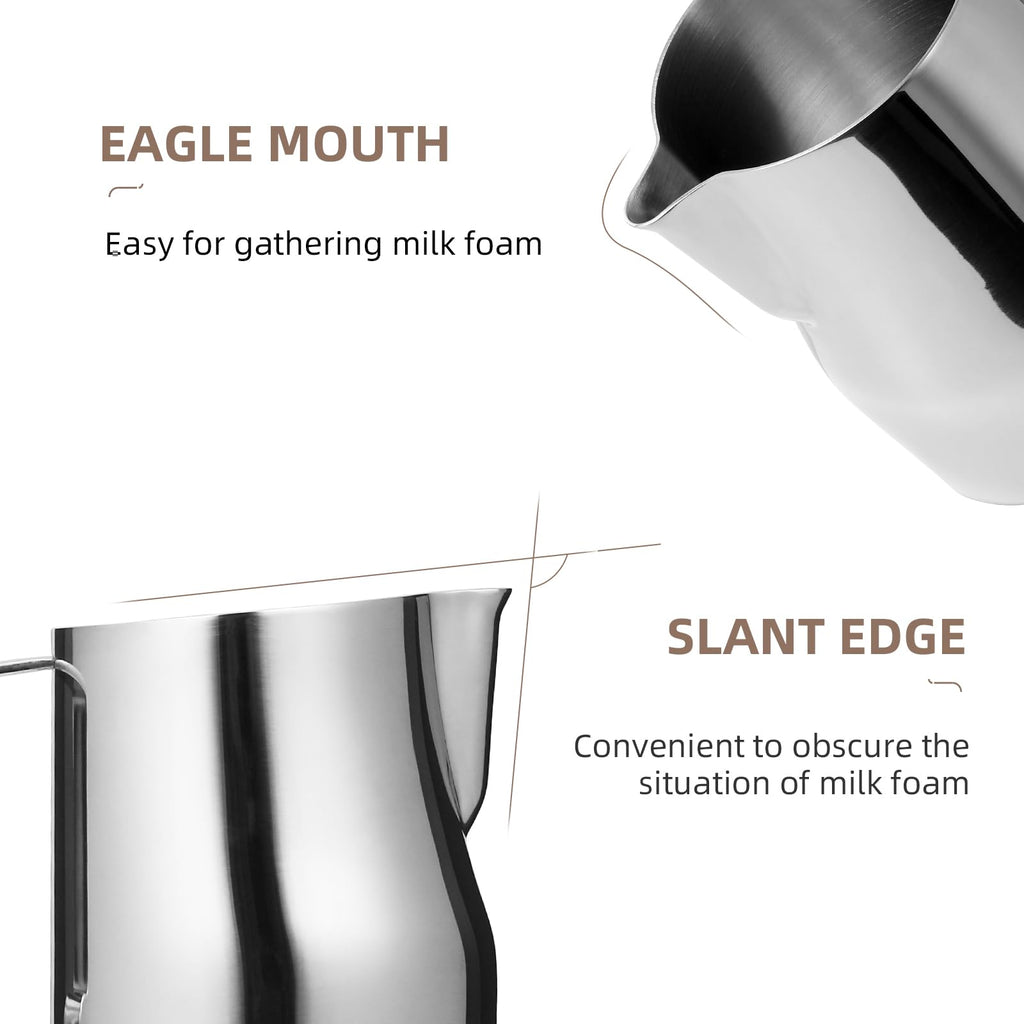MHW-3BOMBER Milk Frothing Pitcher 12oz/350ml Milk Frother Cup Espresso Steaming Pitcher Stainless Steel Milk Frother Cup Barista Latte Art Round Spout Latte Art Pitcher P7121S