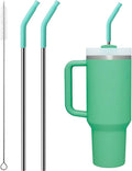 2 Pcs Stainless Steel Straws for 40 oz Stanley Tumbler, Replacement 40 oz Stanley Cup Straw Accessories with Silicone Tips and Cleaning Brush (Teal)