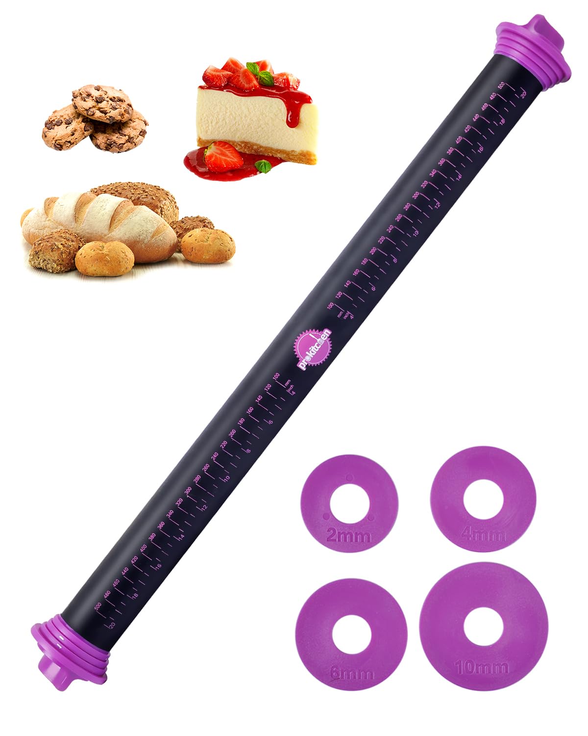 PROKITCHEN Silicone Rolling Pin with Thickness Rings, Adjustable Designs for Fondant, Cookie Decorating, Pasta, Pizza, 23.6 inch Purple Large Long Pin