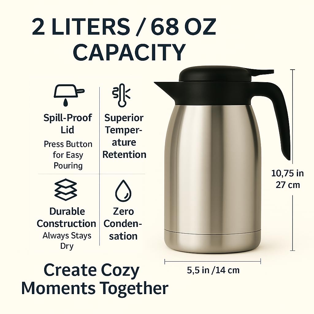 Heritage66 Thermal Coffee Carafe with Cleaning Brush – 68 oz (2 L) Vacuum Insulated Stainless Steel Beverage Dispenser, Keeps Drinks Hot 12 H/Cold 24 H, Ideal for Home, Office & Parties