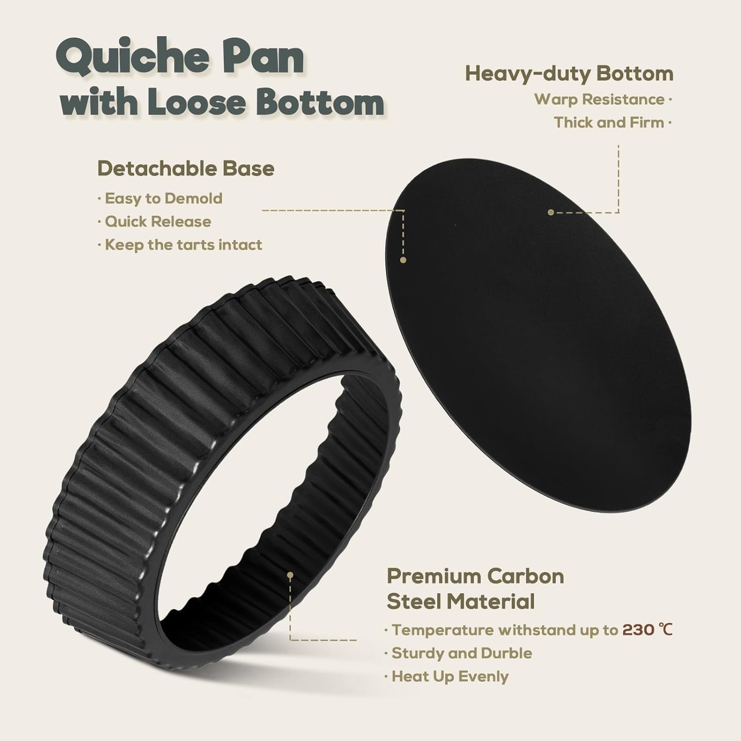 2 Pack 9.5 Inch Pie Pan with Removable Bottom for Baking Deep Quiche Dish